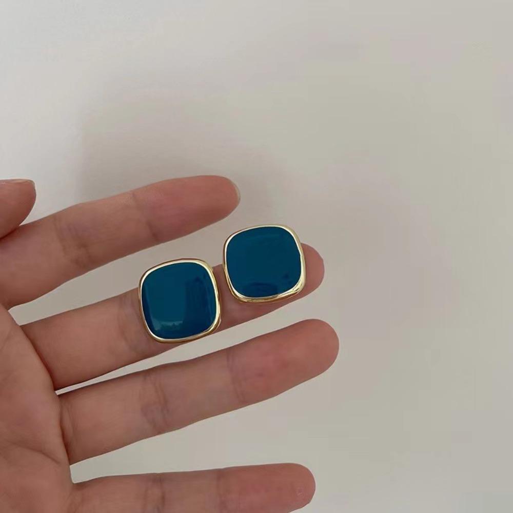 Retro Simple Colored Drip Glaze Gold Color Edging Geometric Square Stud Earrings for Women Korean Temperament Piercing Jewelry