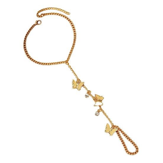 Gold Tone Jewelry for Women Golden Hand Chain Bracelet Women, Metal Butterfly Tassel with Ring Finger Ring, Harness Polished Alloy