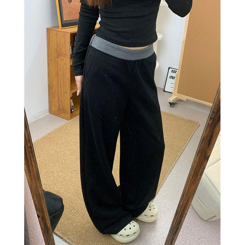 Women's Black Patchwork Wide-Leg Pants - High Waist, Loose, Slimming, Plus Size, Floor-Length for 2026 Spring/Summer.