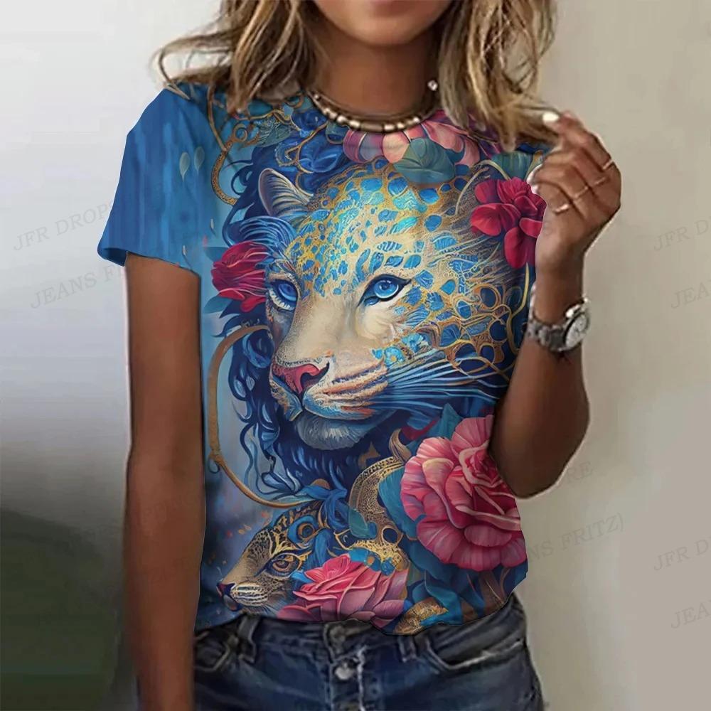 Summer Tiger Pattern T-shirt Animal 3d Printing Women's Casual Round Neck Short-sleeved Retro Y2k Harajuku Top Women's Clothing