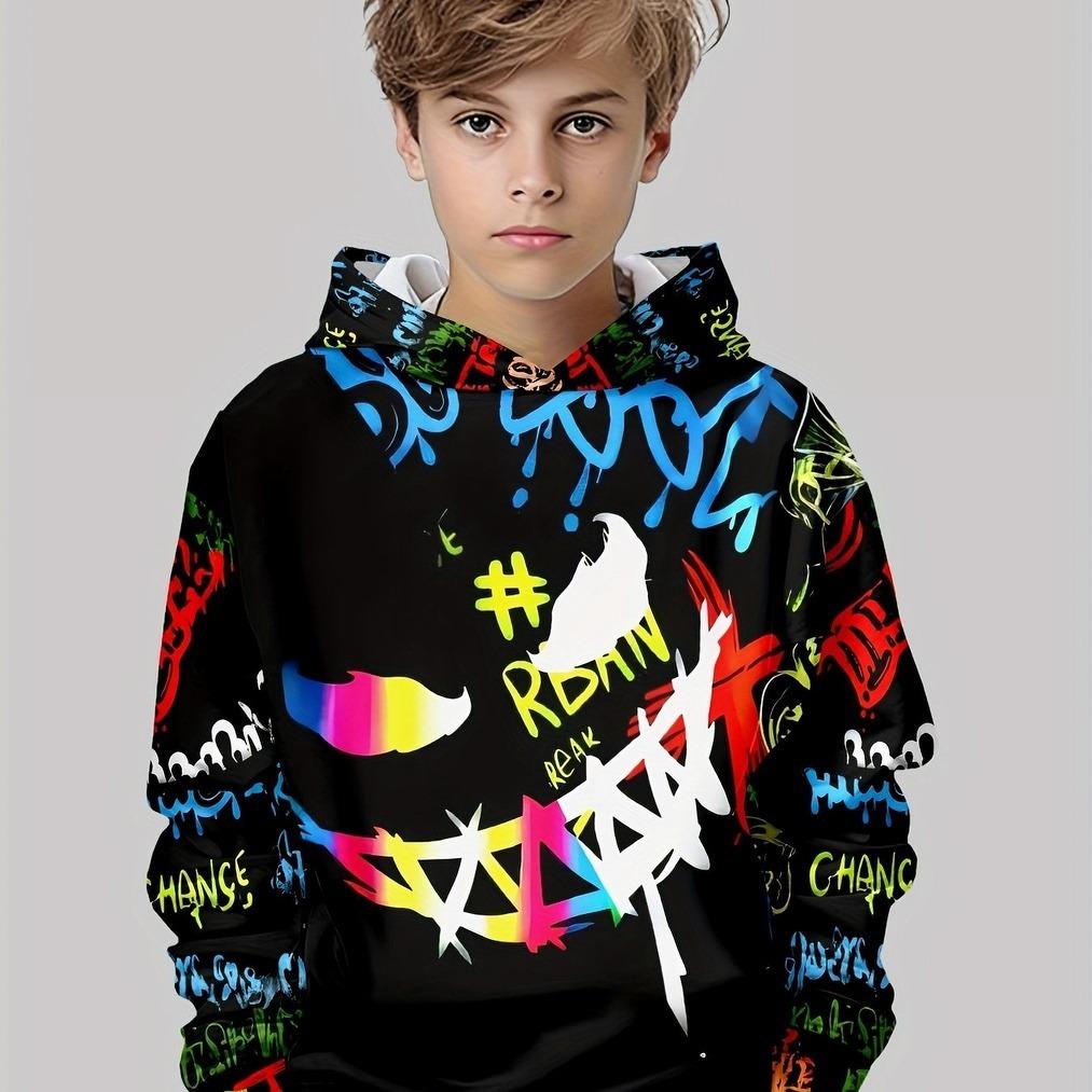 

Худи для мальчика с 3D-принтом граффити, в стиле хип-хоп кэжуал, рубашка на молнии с длинным рукавом, слегка эластичная, подходит для обычных стилей 13-14Y
