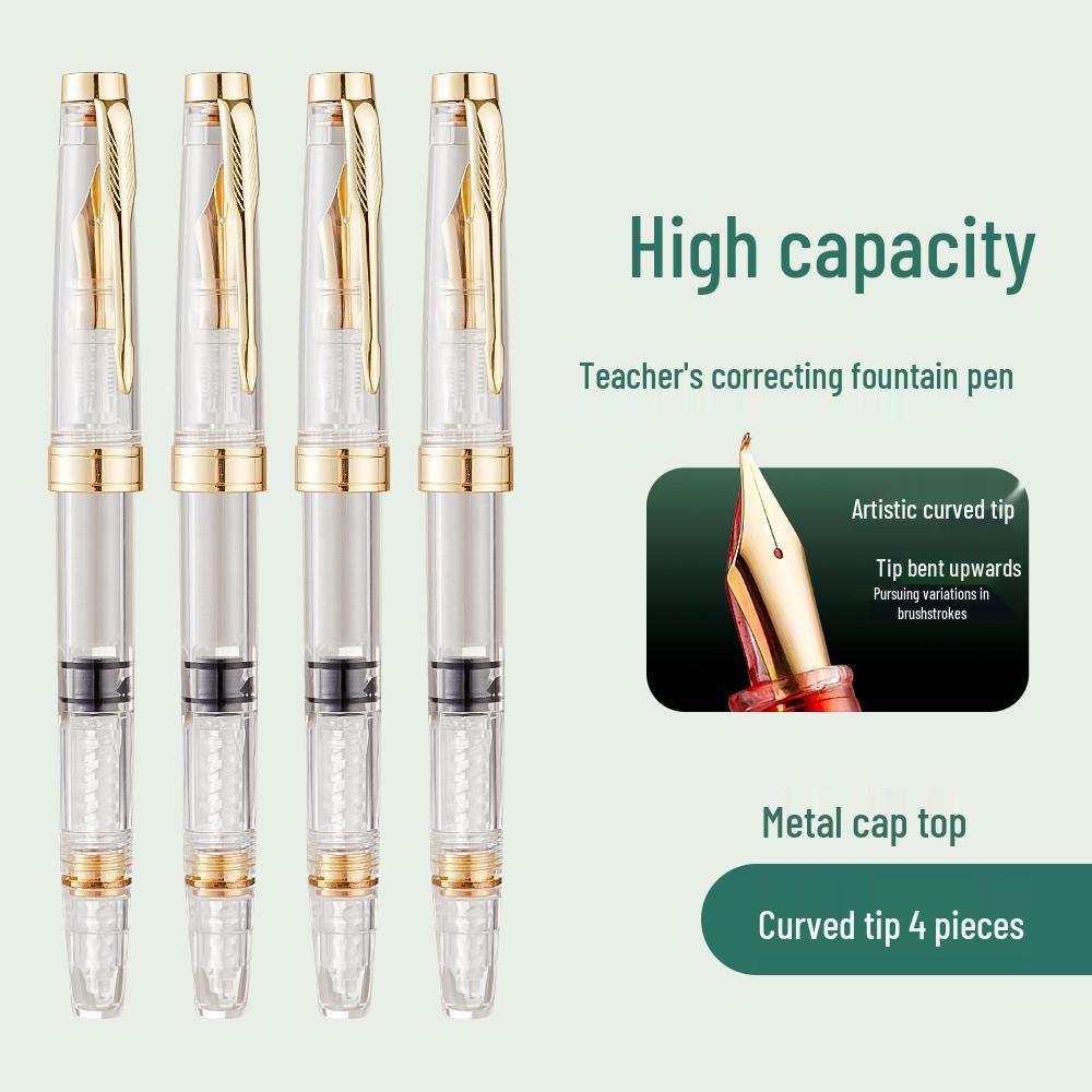Teacher Correction Fountain Pen with Red Ink - Large Capacity Bent Nib for Grading