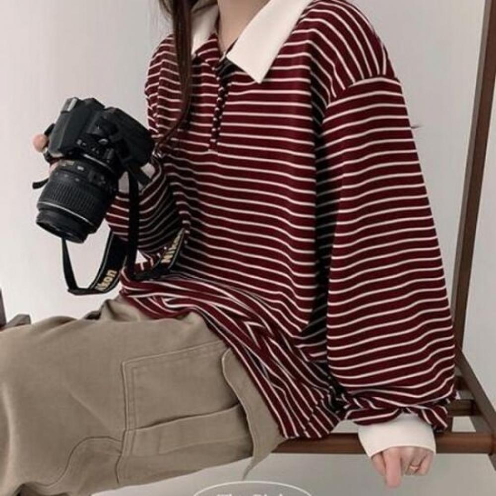 The Pink Men S Overfit Collar Neck Stripe SweatShirt
