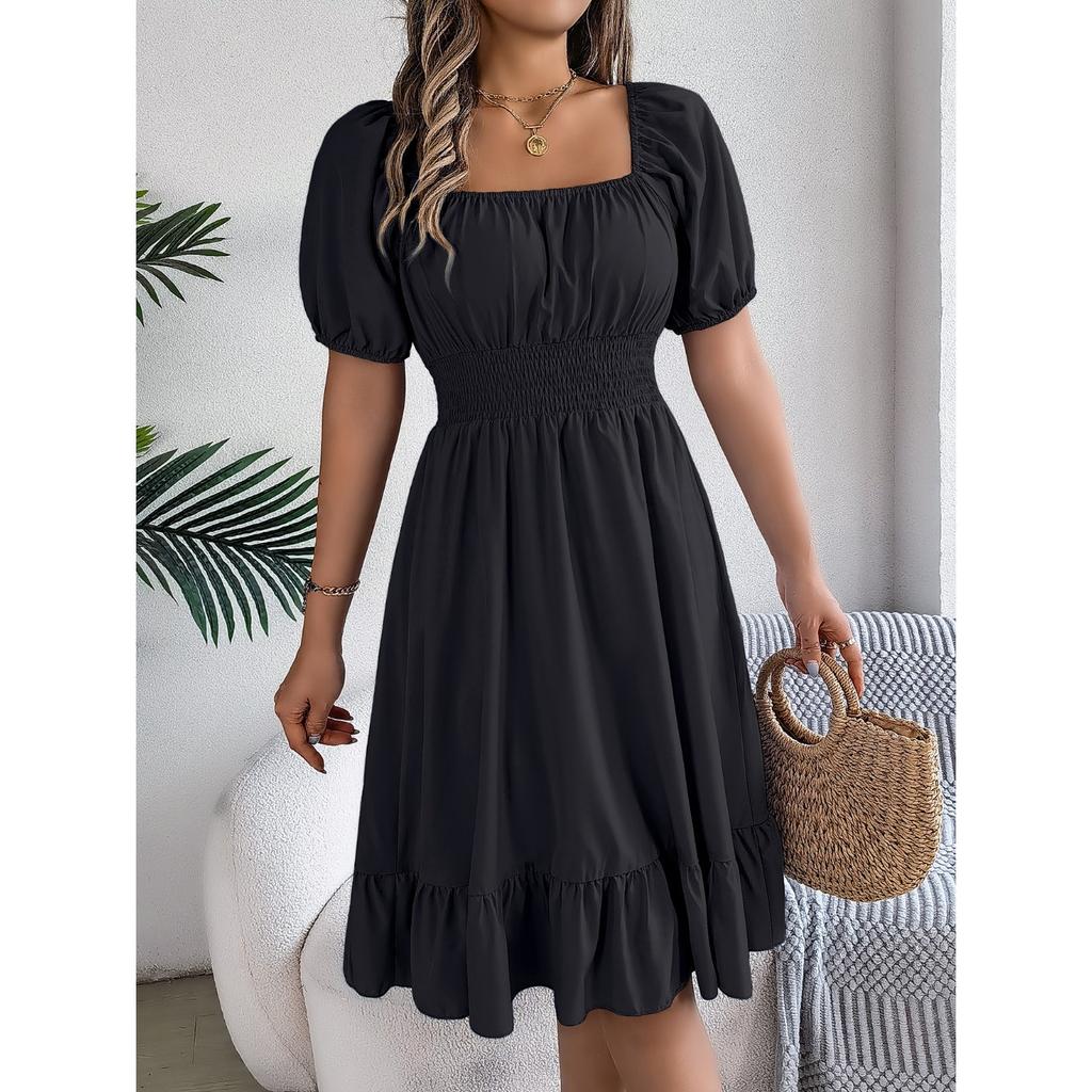 GMXIA Spring and Summer Casual Square-neck Short-sleeved, Waist-cinched, Ruffled A-line Skirt Women's Clothing