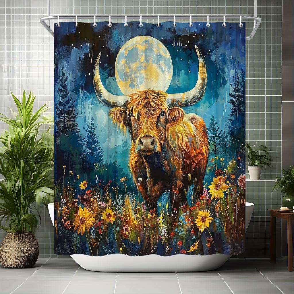 Mystical Highland Cow Bath Curtain - Moonlit Forest & Wildflowers, Waterproof Home Decor Adds Artistic Charm To Your Bathroom