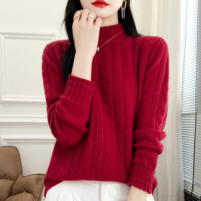 

Осень и зима новый внутренний утолщенный полувысокий круглый вырез вязаный свитер полый витой цветок универсальная базовая рубашка топ женский XXL коралл красный