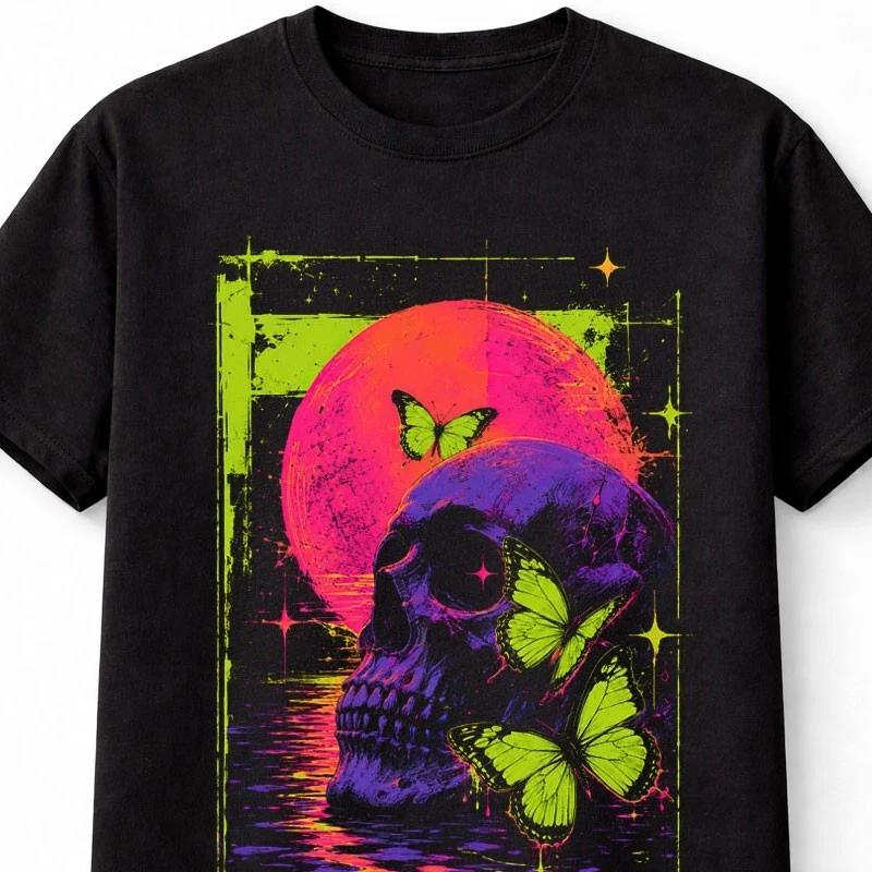 Neon Skull Butterfly Gothic Retro Synthwave Graphic Unisex TShirt S