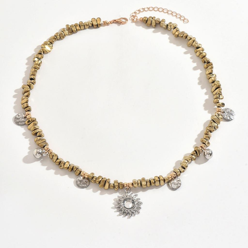 Sunflower Pendant Necklace For Women With Geometric Design And Crushed Stone In Autumn Style