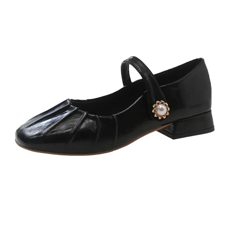 Mary Jane Shoes Glossy Leather Ballet Flats  Fashion Pleated Low Heel Single Shoes for Women Soft Sole Casual Shoes Size 44