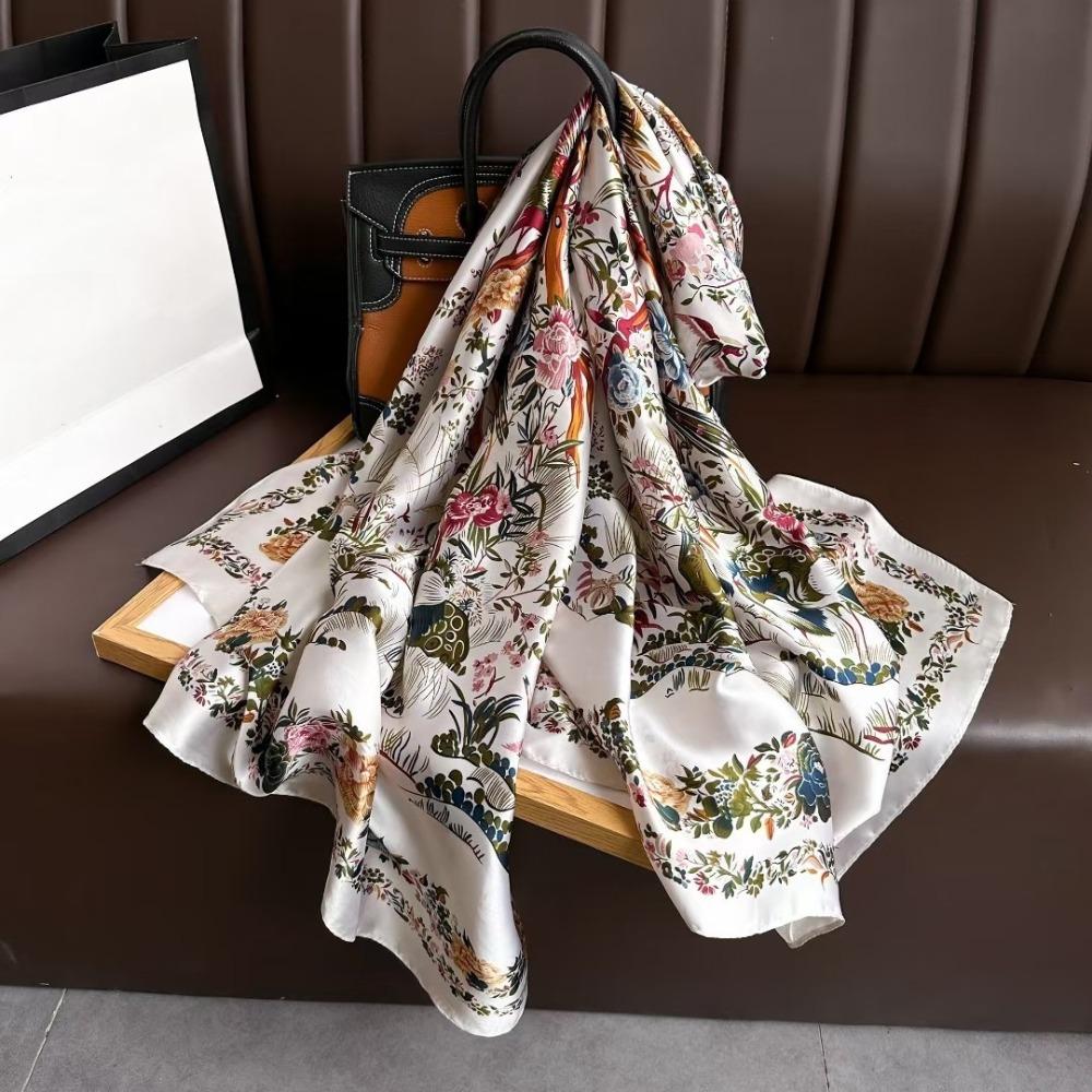 Flower Satin Neck Scarves Soft Beach Hijab Luxury Silk Scarf Shawls  Bride/Bridesmaid