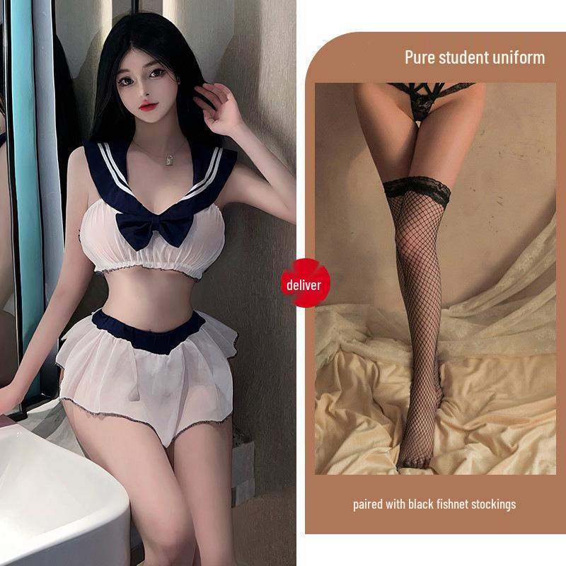 Sensual See-Through Lingerie Set: Seductive Mini Skirt & Cute School Uniform Nightwear for Women