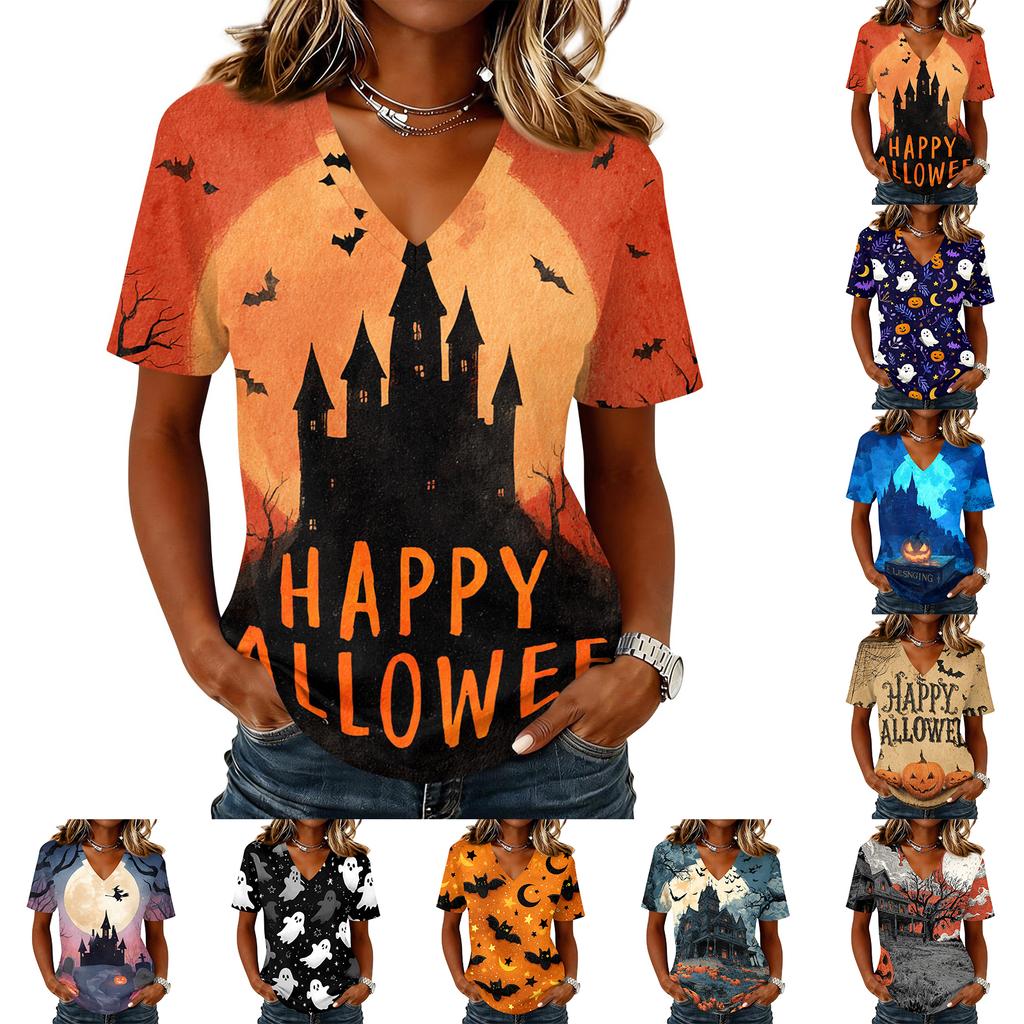 Women Casual Short Sleeve Pullover V Neck Top Halloween Ghost Print Lightweight Comfortable Blouse for Everyday Wear