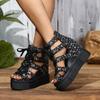 Women's Peep-Toe Platform Sandals, Lace-Up Cutout Wedge Heels, Height Increasing Roman Shoes Wholesale
