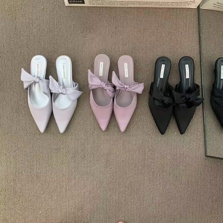Spring fog purple bow low thick heel Muller women's outerwear 2025 spring and summer pointed suede one word with half slippers