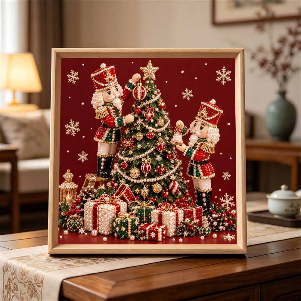 Handmade Framed Pearl Painting Set with Christmas Nutcracker Tree Design 5D Shiny Bead Art Canvas Creative Craft for Room Decor
