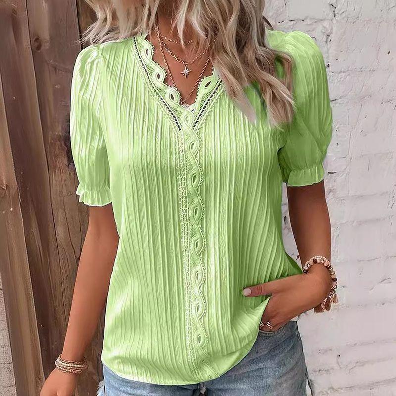 Summer New Vacation Fashion Hollow out Short sleeve European and American Women clothes V-neck Shirt Women's V-neck Shirt