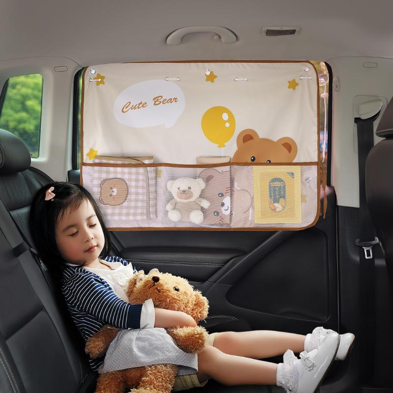 Cute Cartoon Car Sunshade for Kids Rear Window Sunscreen And Heat Blocking with Mesh Pocket Baby Safety Car Accessory