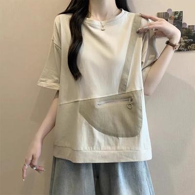 Women Summer Vintage Zipper Pockets Patchwork Loose Tops Short Sleeve Solid Loose T Shirts Casual Korean Clothing