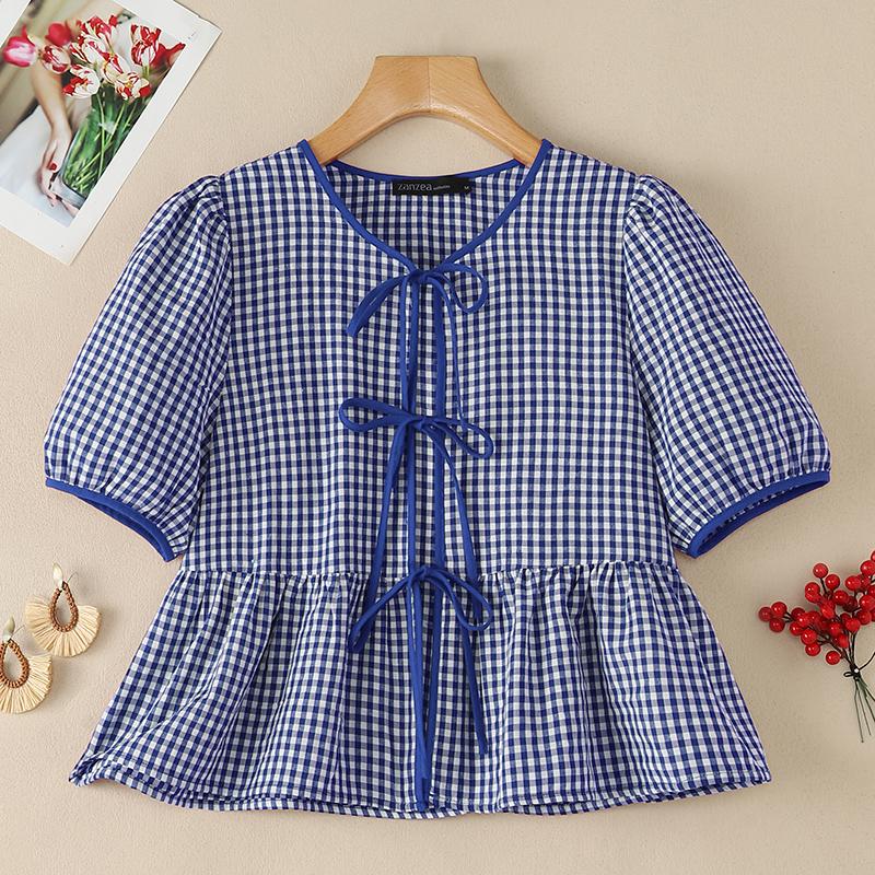 ZANZEA Women Plaid Print Casual Round Neck Short Sleeve Blouse