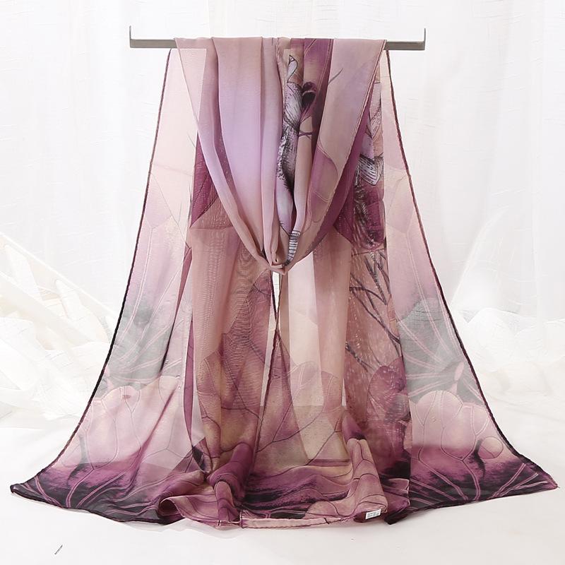 Chiffon Lotus Print Long Scarf - Lightweight, Thin Spring/Autumn Silk Accessory for Middle-Aged & Elderly