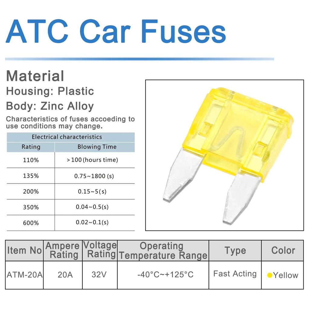 Heschen Mini-Sicherung ATM-20 Auto-Sortiment Auto SUV LKW 20A Gelb Packung mit 50 Stück