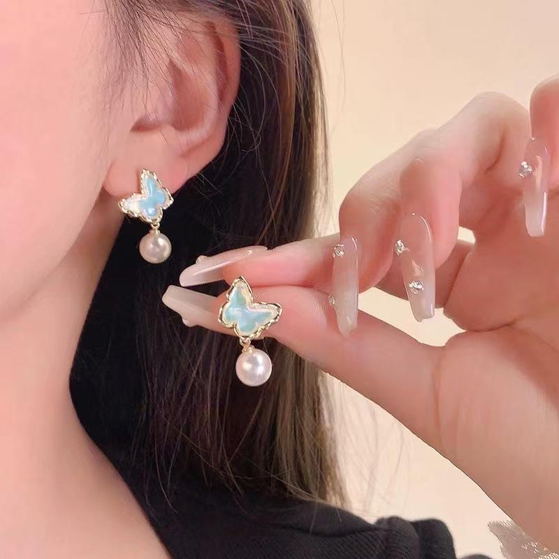 925 silver needle gradual change blue butterfly pearl earrings women s niche design stud earrings sweet earrings