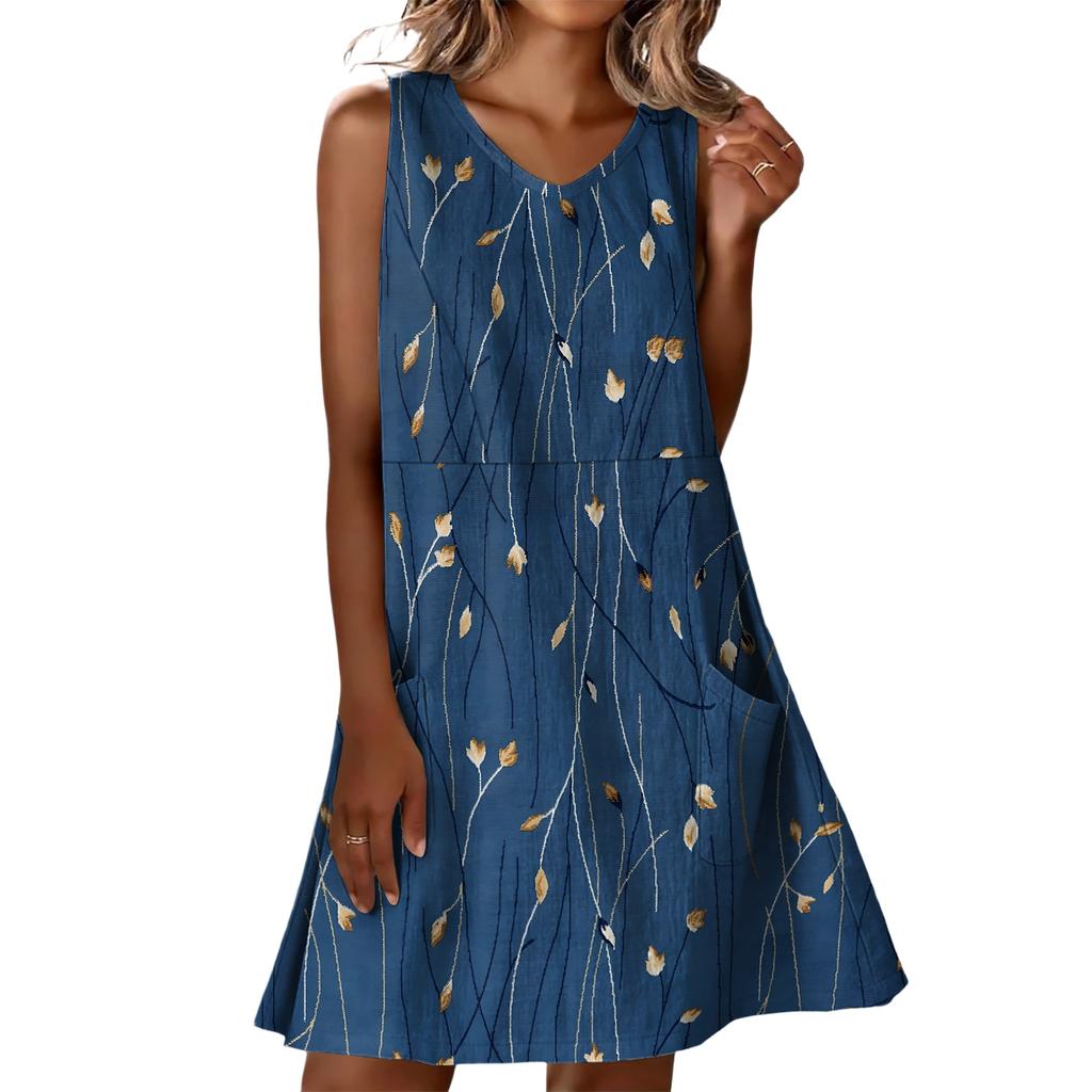 Summer Dresses For Women Loose Beach Vacation Casual Sleeveless V-neck  Sundresses With Pockets Tank Dress