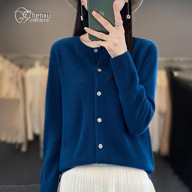 Women's 100% Merino Wool Round Neck Cardigan Sweater