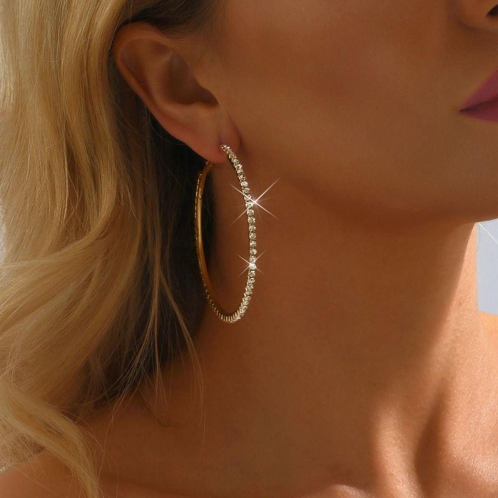 1 Pair Trendy Sparkly Rhinestone Hoop Earrings Metal 80mm Glitter Hoop Earrings Diamond Chunky Hoop Earrings Prom Event
