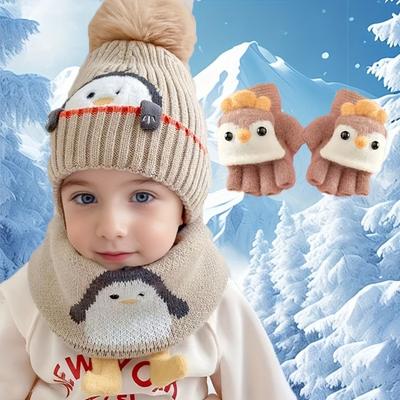 3-teiliges Set, Cartoon-Pinguin Strick-Wintermütze, Schal und Handschuhe für Kleinkinder, Warme verdickte winddichte Mütze für Jungen und Mädchen