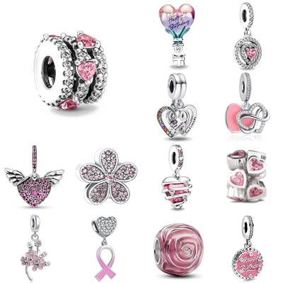 Neue 925 Silberbeschichtete Rosa Abstandshalterperle mit Doppelanhänger für Original Europäisches Charm-Armband Schmuck