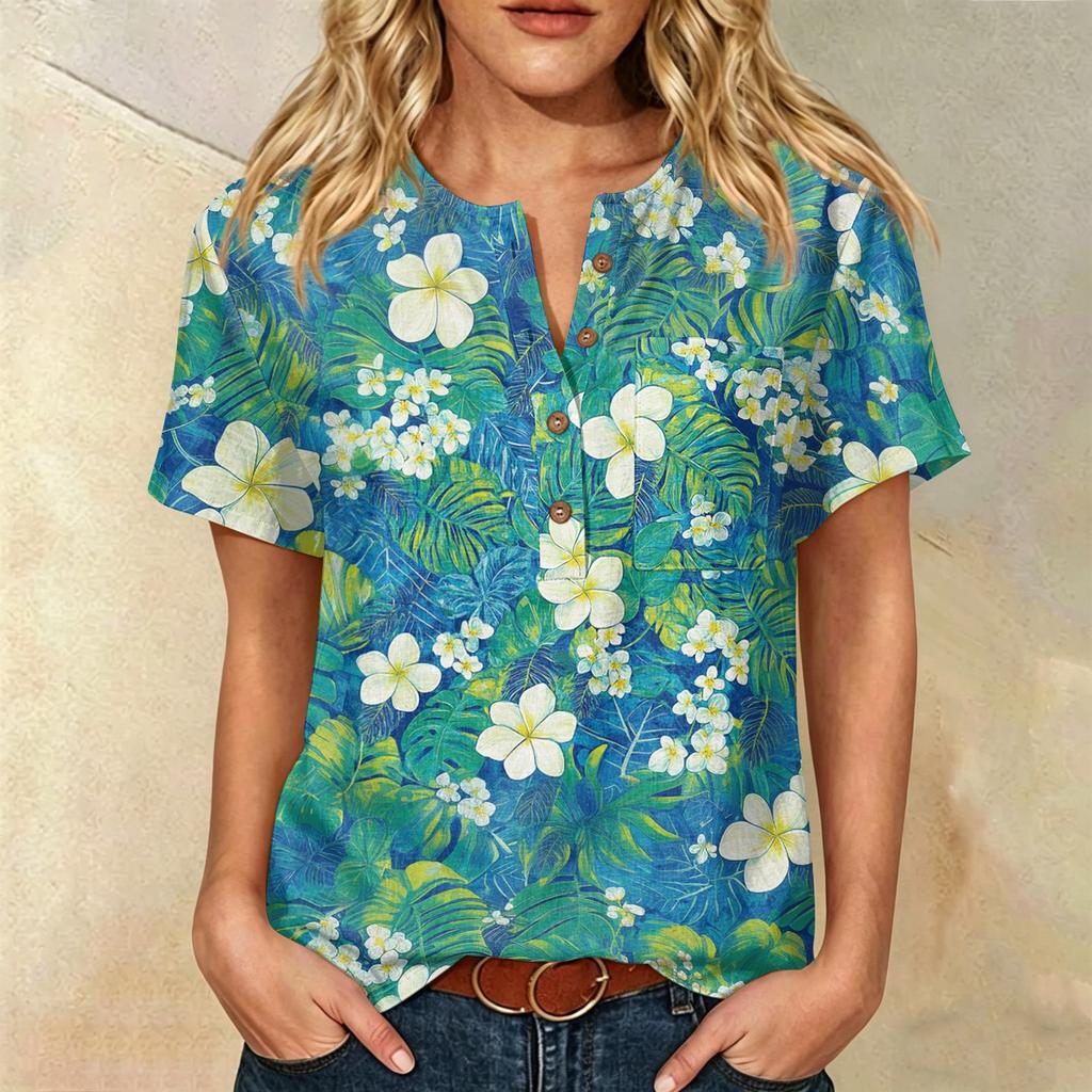 Damen Freizeit Hemd mit Print, Henley-Knopfleiste, kurzen Ärmeln, Baumwoll-Leinen-Mischung und Brusttasche für den Sommerlichen Alltagsgebrauch