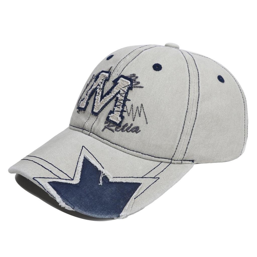 Women’s Retro Distressed Star Baseball Cap - Washed Denim Duckbill Hat with M Logo, Sun Protection, Face Slimming