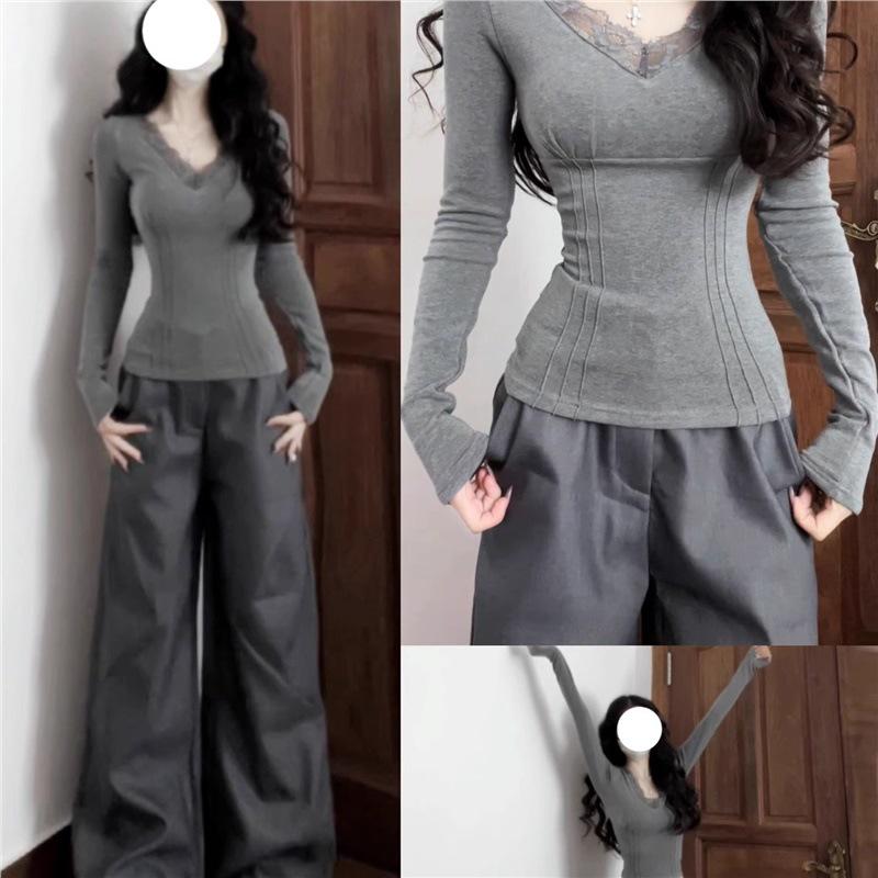 

Lace Brushed V-Neck Base Layer Innerwear for Autumn/Winter Extra Large серый