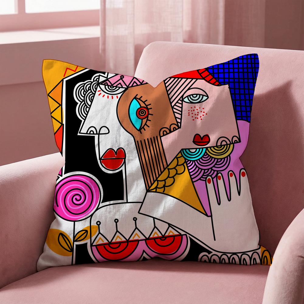 Colorful Abstract Faces Cushion Cover Multi-Scene Pillow Cover for Home & Car - Reversible, Soft & Durable for Daily Use