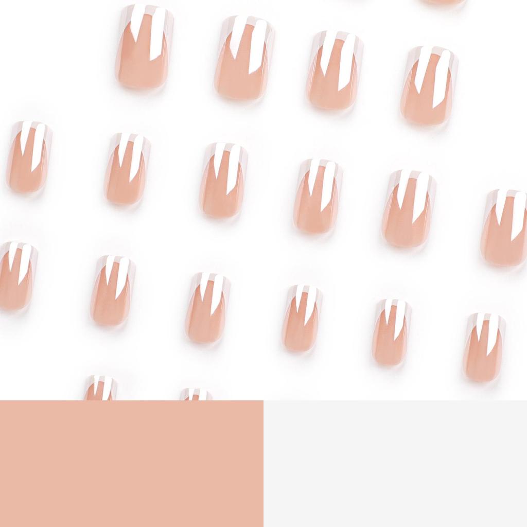 Nude Press-On Nails with White Edges – Simple Rectangular Nail Tips and Stickers