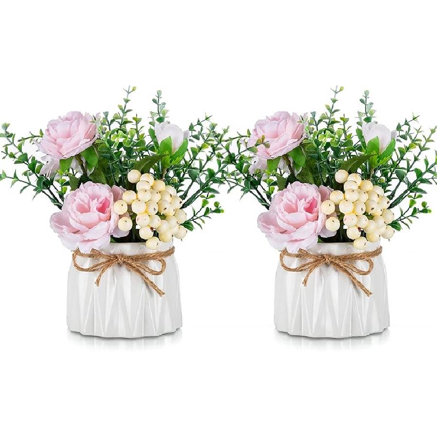 BLOSMON Small Artificial Flowers in Vase 4 Pcs Fake Flowers Centerpieces for Dinning Table Floral Arrangements with Vases Bathroom Accessories Office