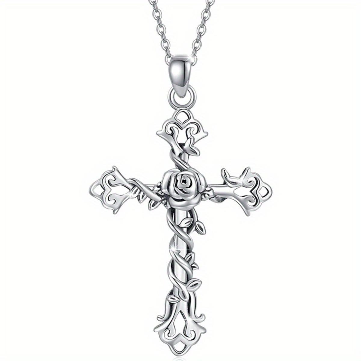 Ornate Rose Cross Pendant Necklace with Floral Vine Design Gothic Inspired Jewelry