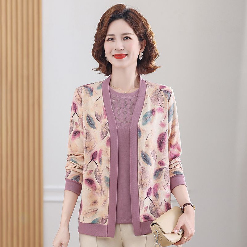 Women's Knit Top Two-Piece Set for Spring Women's Printed Knit Cardigan Round Neck Knit Short Sleeve T-Shirt Two-Piece Set Outdoor Wear