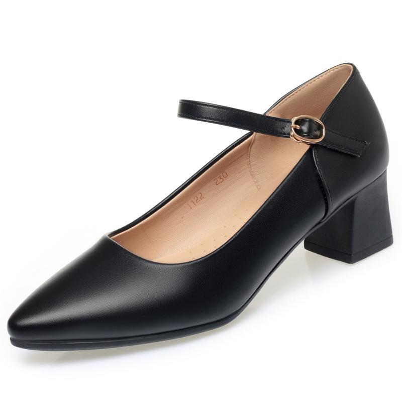 Stewardess soft sole one-word buckle hotel work shoes women's black leather shoes mother dancing women's shoes single shoes