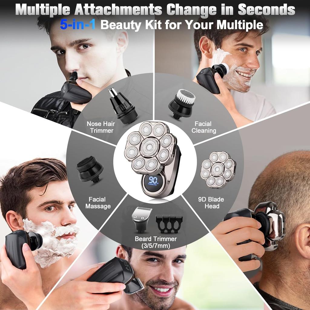 9D Electric Head Shaver for Bald Men, Upgraded 5-in-1 Head Shaver for Bald Men, Waterproof Wet/Dry Grooming Kit Electric Shaver for Men, Cordless