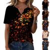 Damen Casual Kurzarm V-Ausschnitt T-Shirt mit Blattdruck und Zierknöpfen
