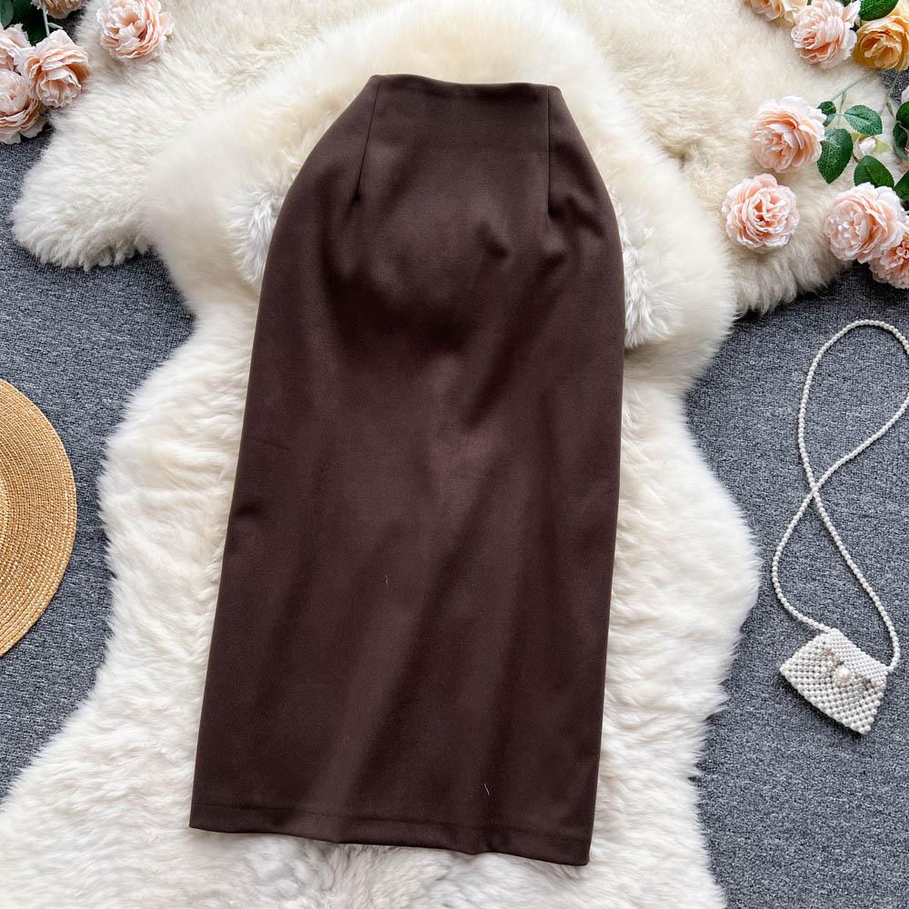 

Осень И Зима Твидовая Облегающая Юбка Миди Однотонная Универсальная С Завышенной Талией и Облегающим Бедра Покроем M кофейный