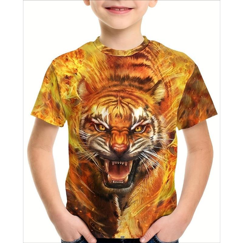 

Детская одежда Футболка для мальчиков с коротким рукавом Футболка для девочек Креативная круглая горловина Стильный принт тигры Детская летняя одежда Топы Футболки 160