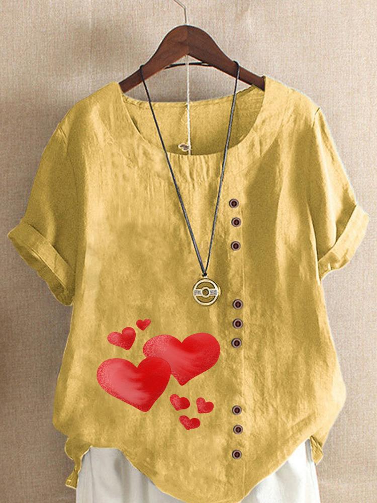 Women's Fashion Red Heart Print Round Neck Short Sleeve T-shirt Summer Casual Cotton Linen Graphic Shirt Leisure Loose Blouse Tops