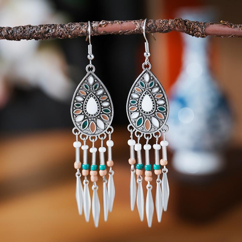 Fashion Vintage Bohemian Leaf Tassel Drop Dangle Earrings For Women Enamel Rhombus Geometric Beads Handmade Boho Earring Zircon