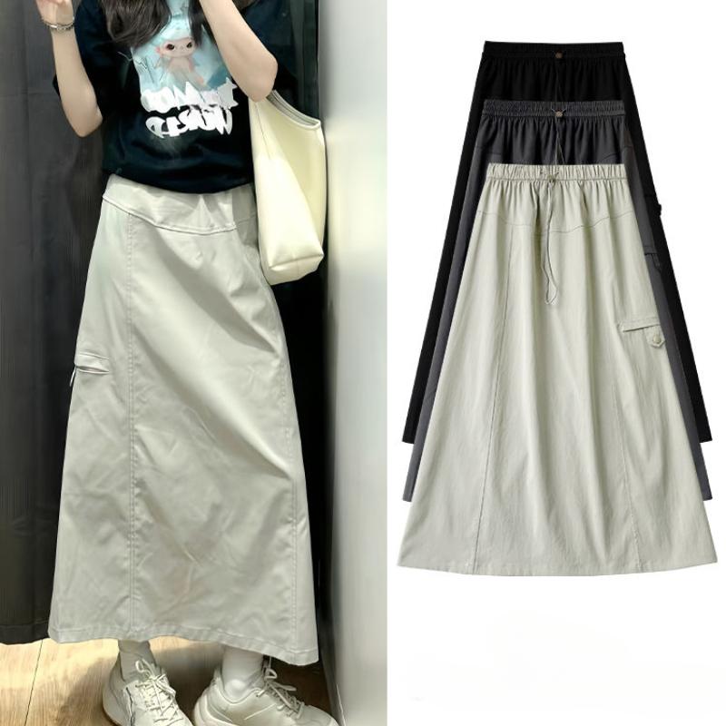 Women's Autumn Grayish-White Utility High-Waist A-Line Maxi Skirt - Vintage American Style Slim-Fit Half Skirt