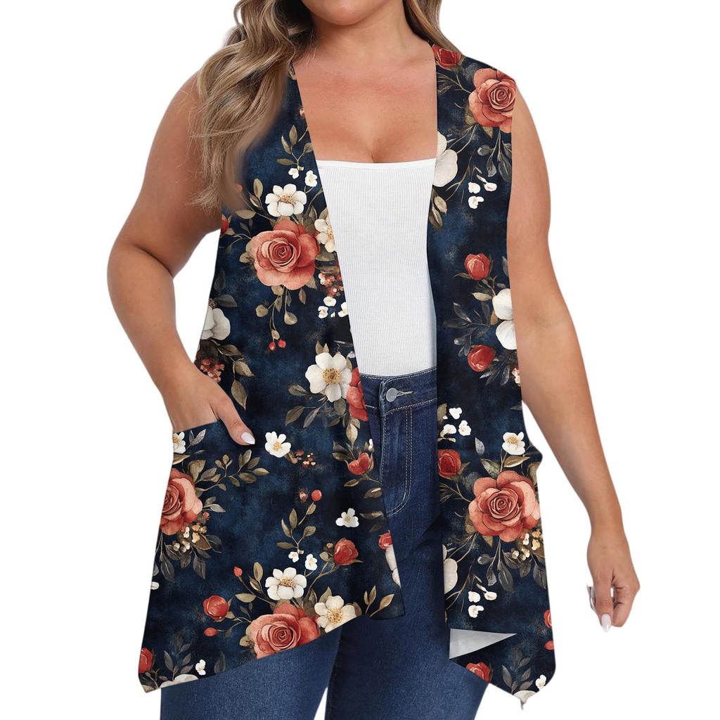 Women's Oversized Loose Casual Printed Sleeveless Vest With Pocket Cardigan Jacket Cardigan Jacket