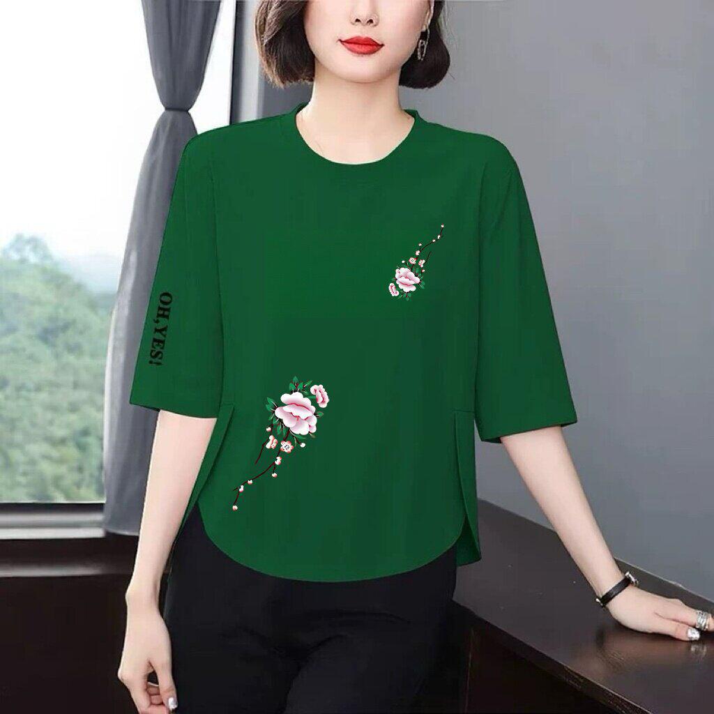 High-End Women's Printed 3/4 Sleeve T-Shirt - Loose, Flattering, Age-Defying Design for Middle-Aged and Elderly