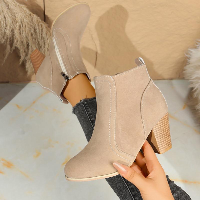 Large Size Women's Shoes Autumn and Winter New Round Head Solid Color High Heel Short Tube Side Zipper Fashion Boots Women
